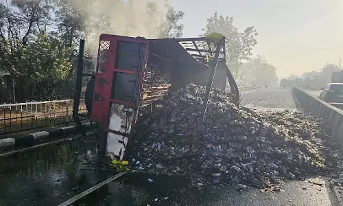 भोपाल-इंदौर हाईवे पर शराब से भरा ट्रक पलटने से ड्राइवर की मौत, ट्रक में लगी आग