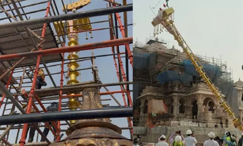 राम जन्मभूमि मंदिर के मुख्य शिखर पर 42|  फुट ऊंचा ध्वज दंड स्थापित