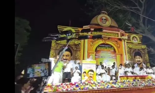 DMK की जनसभा के मंच पर एक लैंपपोस्ट गिर गया