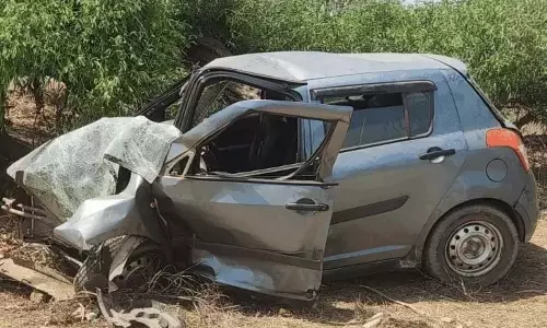 रोड से उतरकर पेड़ से टकराई तेज रफ्तार कार, महिला की दर्दनाक मौत