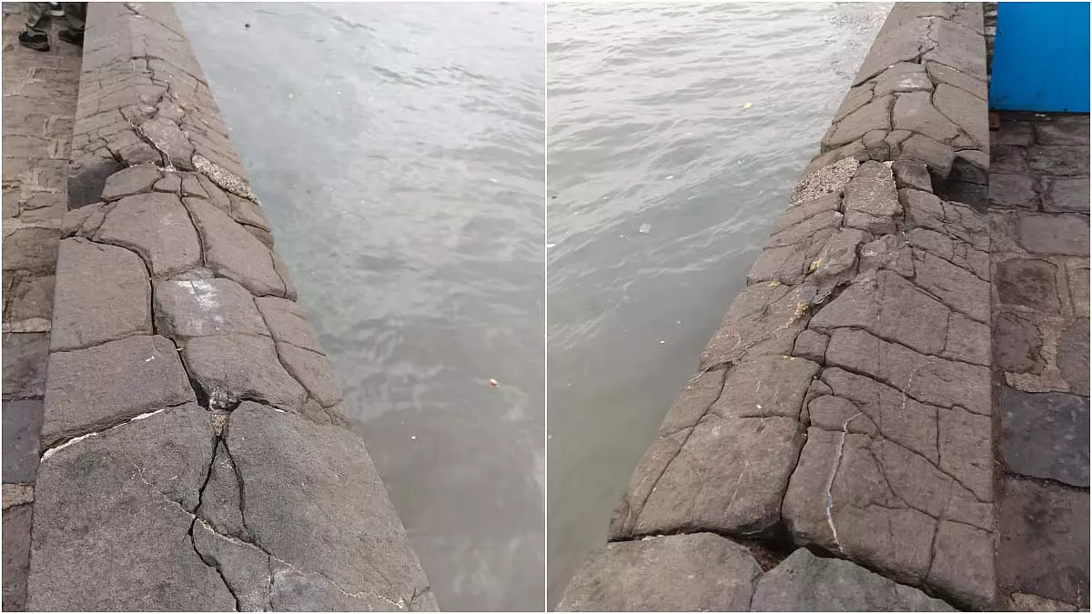 Mumbai : गेटवे ऑफ इंडिया के पास हेरिटेज दीवार में कोलाबा जेट्टी ड्रिलिंग के बाद दरारें आई Mumbai : गेटवे ऑफ इंडिया के पास हेरिटेज दीवार में कोलाबा जेट्टी ड्रिलिंग के बाद दरारें आई