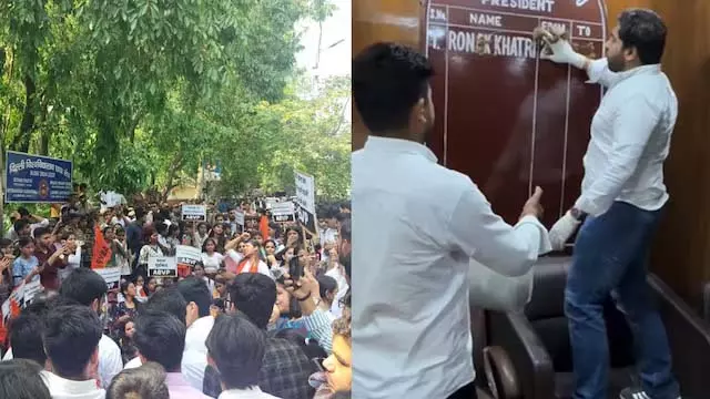 राहुल गांधी के डीयू दौरे के बाद ABVP ने डीयूएसयू अध्यक्ष के कार्यालय पर गोबर पोत दिया, विरोध प्रदर्शन राहुल गांधी के डीयू दौरे के बाद ABVP ने डीयूएसयू अध्यक्ष के कार्यालय पर गोबर पोत दिया, विरोध प्रदर्शन