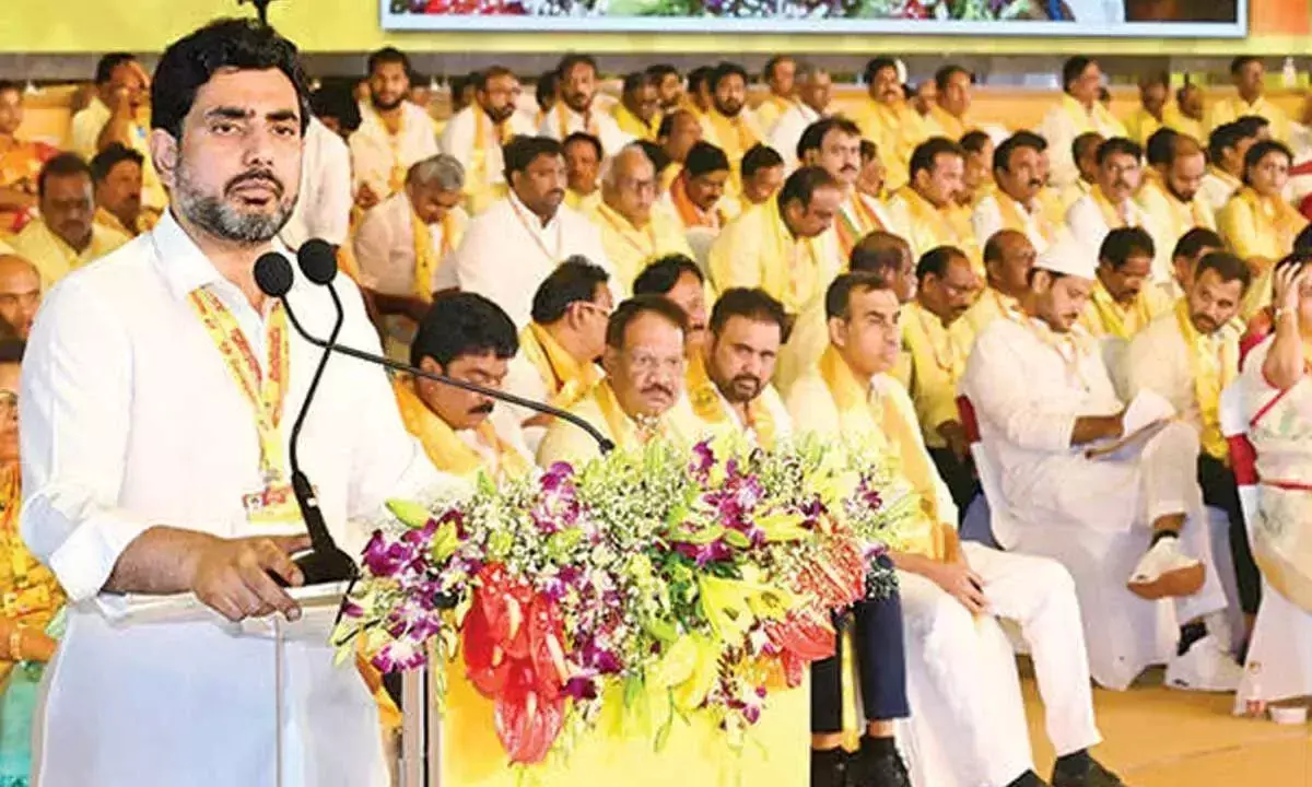 Andhra: लोकेश ने महानाडु में 6-स्तंभीय दृष्टि का अनावरण किया Andhra: लोकेश ने महानाडु में 6-स्तंभीय दृष्टि का अनावरण किया