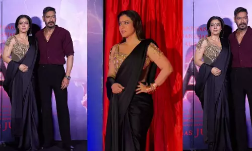 Kajol ने क्लासिक ब्लैक साड़ी को अलंकृत गोल्डन ब्लाउज़ और बोल्ड आई मेकअप के साथ और भी आकर्षक बना दिया