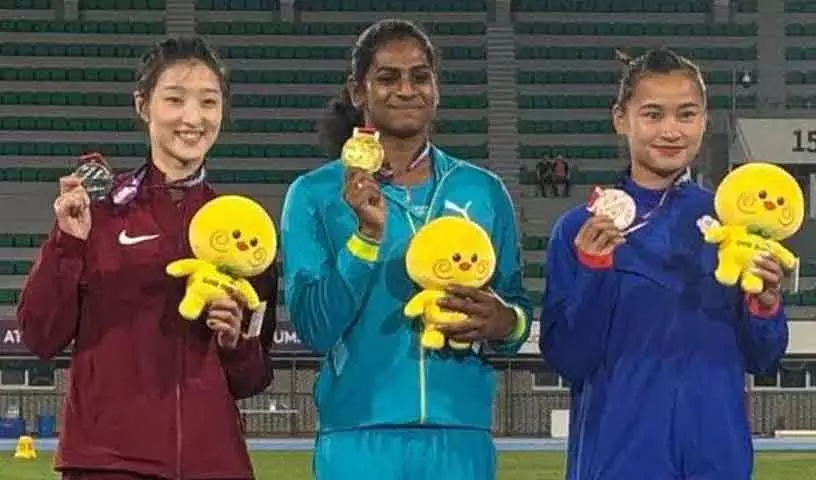 Asian Athletics: तेलंगाना की नंदिनी ने हेप्टाथलॉन में ऐतिहासिक स्वर्ण जीता Asian Athletics: तेलंगाना की नंदिनी ने हेप्टाथलॉन में ऐतिहासिक स्वर्ण जीता