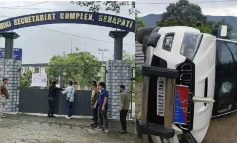 Manipur: सेनापति में ANSAM का प्रदर्शन हिंसक हुआ, एसपी का वाहन पलटा Manipur: सेनापति में ANSAM का प्रदर्शन हिंसक हुआ, एसपी का वाहन पलटा
