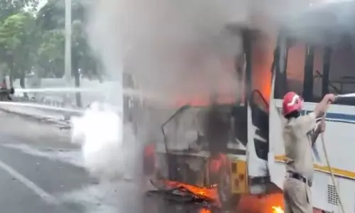 दिल्ली: पंखा रोड पर दो बसों में लगी आग दिल्ली: पंखा रोड पर दो बसों में लगी आग