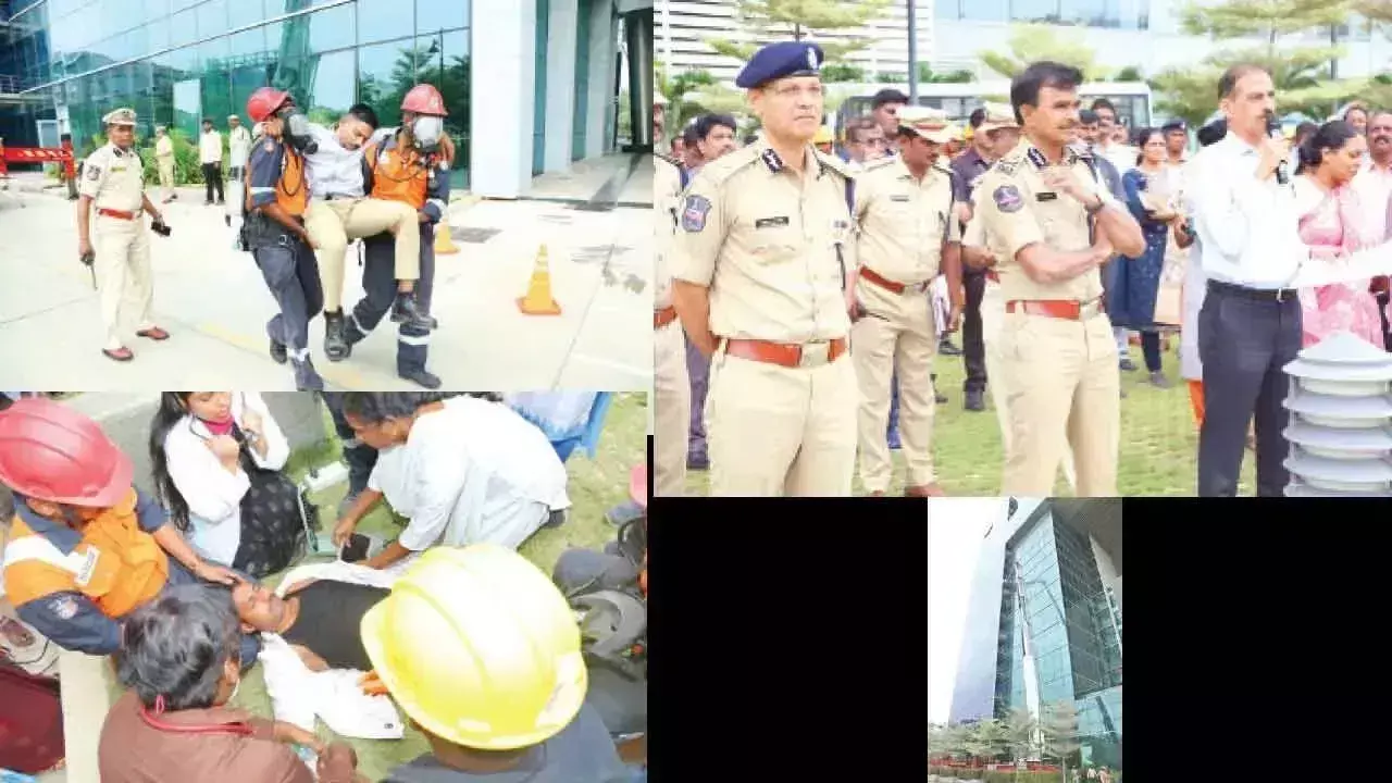 मॉक ड्रिल के दौरान TGICCC भवन में फायर अलार्म बजने पर कर्मचारी सुरक्षित स्थान की ओर भागे