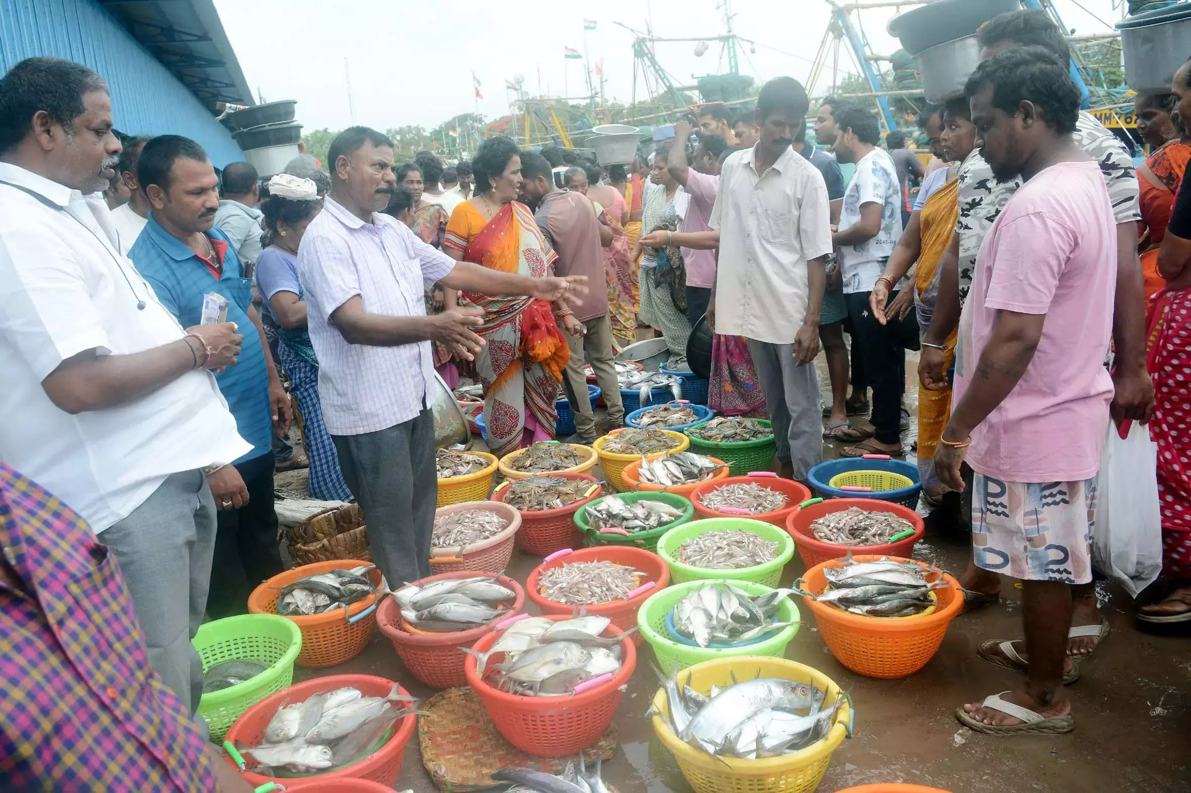 Vizag फिशिंग हार्बर में समुद्री मछली पकड़ने के लिए पागल भीड़ देखी गई Vizag फिशिंग हार्बर में समुद्री मछली पकड़ने के लिए पागल भीड़ देखी गई
