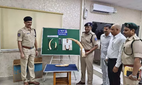 Telangana: सेशाचलम से करोड़ों रुपए के हाथी दांत की तस्करी करने वाला व्यक्ति पकड़ा गया Telangana: सेशाचलम से करोड़ों रुपए के हाथी दांत की तस्करी करने वाला व्यक्ति पकड़ा गया