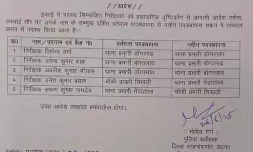 5 पुलिस इंस्पेक्टरों का ट्रांसफर, सूची में चौकी और थाना प्रभारियों के नाम