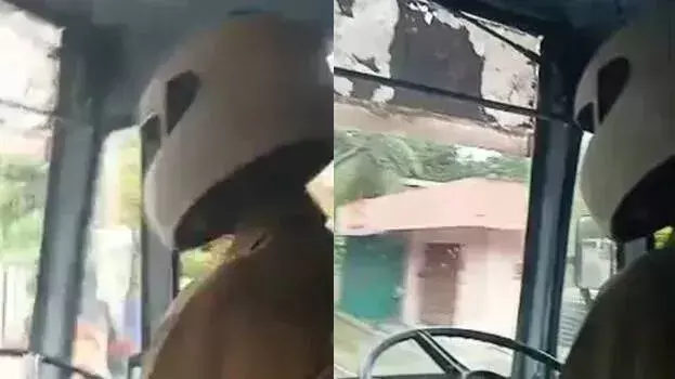 KSRTC ड्राइवर ने बस चलाते हुए पहना हेलमेट, तस्वीर हुई वायरल