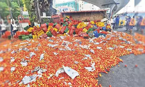 Attapur में टमाटर से लदा ट्रक पलटा
