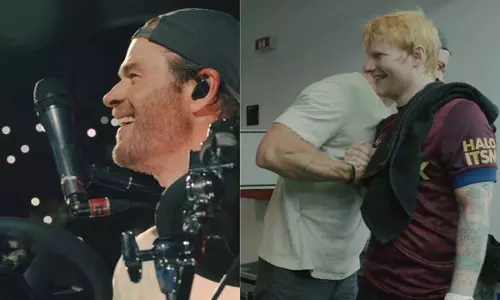 Chris Hemsworth बुखारेस्ट में एड शीरन के साथ मंच पर शामिल हुए