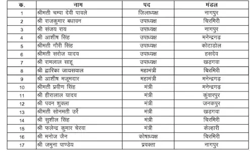 चिरमिरी भरतपुर बीजेपी की नई कार्यकारिणी घोषित चिरमिरी भरतपुर बीजेपी की नई कार्यकारिणी घोषित