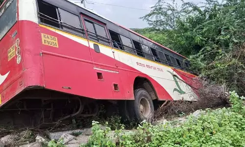 बस सड़क किनारे पलटी; यात्री बाल-बाल बचे