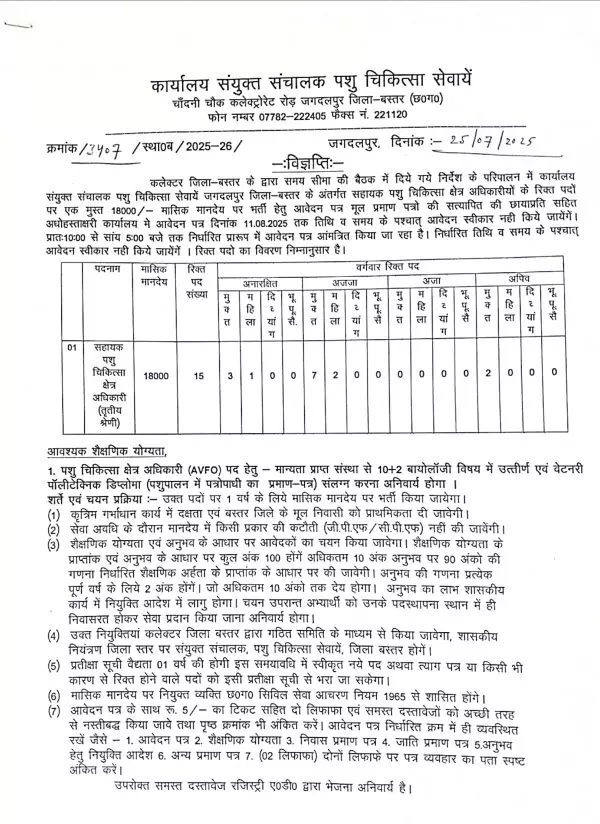 पशु चिकित्सा विभाग ने निकाली भर्ती, आवेदन की आखिरी तारीख 11 अगस्त तक पशु चिकित्सा विभाग ने निकाली भर्ती, आवेदन की आखिरी तारीख 11 अगस्त तक