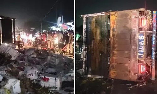 Jabalpur : गाय को चकमा देते हुए सेब से भरा ट्रक पलटा Jabalpur : गाय को चकमा देते हुए सेब से भरा ट्रक पलटा