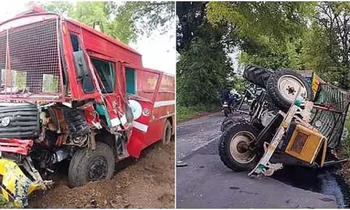 दमकल की गाड़ी और ट्रैक्टर में टक्कर, दुर्घटना: सौभाग्य से सभी बच गए