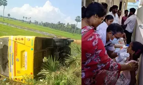 Eluru में स्टीयरिंग रॉड टूटने से स्कूल बस खेतों में जा गिरी Eluru में स्टीयरिंग रॉड टूटने से स्कूल बस खेतों में जा गिरी