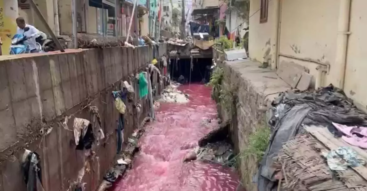 Telangana: नाला में लाल पानी का प्रवाह लोगों को डरा रहा Telangana: नाला में लाल पानी का प्रवाह लोगों को डरा रहा