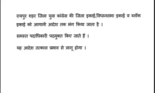 रायपुर शहर जिला युवा कांग्रेस की कार्यकारिणी भंग की गई