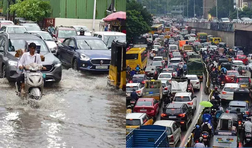 Hyderabad में बारिश, सड़कों पर गड्ढे, दैनिक आवागमन बाधित Hyderabad में बारिश, सड़कों पर गड्ढे, दैनिक आवागमन बाधित