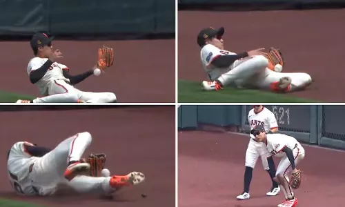 San Francisco Giants: जंग हू ली का घुटनों के बल शानदार कैच San Francisco Giants: जंग हू ली का घुटनों के बल शानदार कैच