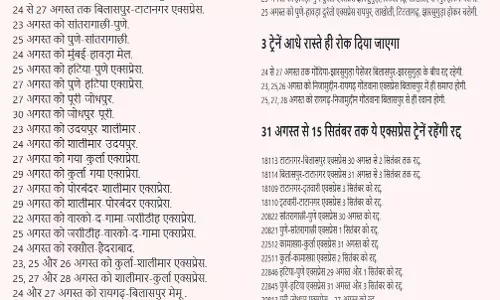 26 ट्रेनें रद्द, टाटानगर-बिलासपुर एक्सप्रेस भी शामिल 26 ट्रेनें रद्द, टाटानगर-बिलासपुर एक्सप्रेस भी शामिल