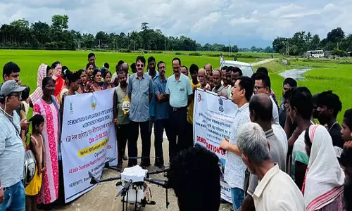 धान के खेतों में कीटनाशकों के इस्तेमाल के लिए ड्रोन तकनीक का प्रदर्शन धान के खेतों में कीटनाशकों के इस्तेमाल के लिए ड्रोन तकनीक का प्रदर्शन
