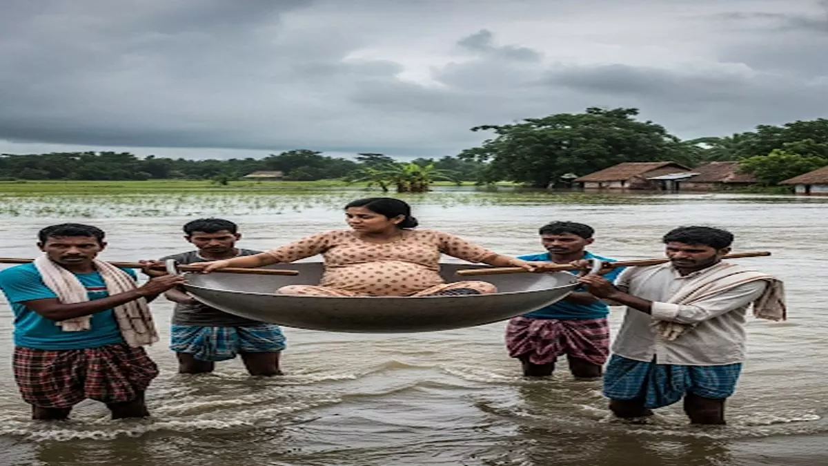 करौली में गर्भवती महिला को कढ़ाही में बैठाकर नदी पार, बारिश से बिगड़े हालात करौली में गर्भवती महिला को कढ़ाही में बैठाकर नदी पार, बारिश से बिगड़े हालात