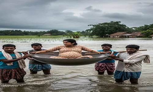 करौली में गर्भवती महिला को कढ़ाही में बैठाकर नदी पार, बारिश से बिगड़े हालात करौली में गर्भवती महिला को कढ़ाही में बैठाकर नदी पार, बारिश से बिगड़े हालात