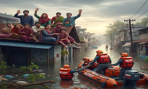 बाढ़ में फंसे 12 लोग, प्रशासन ने बचाव कार्य शुरू किया