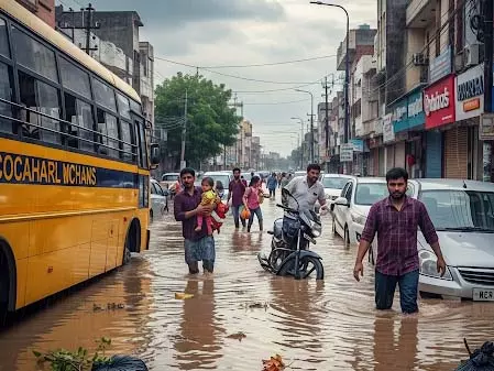 भारी बारिश और रावी नदी के उफान से बाढ़, स्कूल और परिवहन सेवाएं प्रभावित भारी बारिश और रावी नदी के उफान से बाढ़, स्कूल और परिवहन सेवाएं प्रभावित