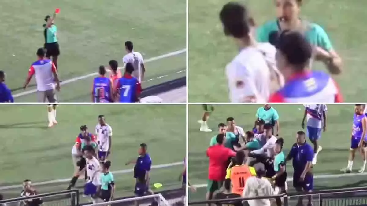 Colombia: फुटबॉल मैच के दौरान महिला रेफरी को खिलाड़ी ने मारा थप्पड़ Colombia: फुटबॉल मैच के दौरान महिला रेफरी को खिलाड़ी ने मारा थप्पड़