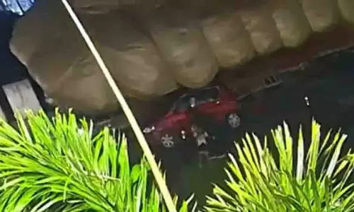 UP: कार पर पलटा घास से भरा ट्रक, परिवार बाल-बाल बचा