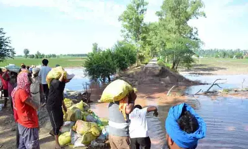 Amritsar में रावी नदी के पास बनी दरारों को भरने का काम जारी Amritsar में रावी नदी के पास बनी दरारों को भरने का काम जारी