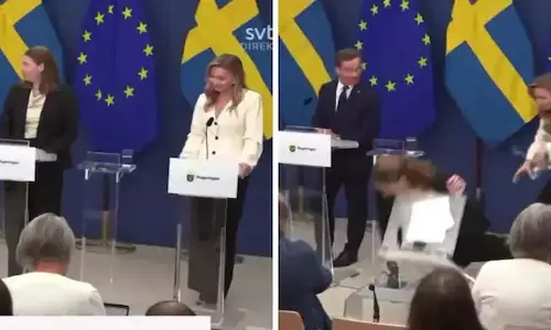 Swedish स्वास्थ्य मंत्री एलिसाबेथ लैन प्रेस से बात करते समय बेहोश हो गईं।