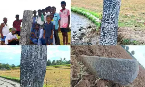 Pudukkottai में चोल-युग अंकित त्रिशूल पत्थर खुदाई में मिला Pudukkottai में चोल-युग अंकित त्रिशूल पत्थर खुदाई में मिला