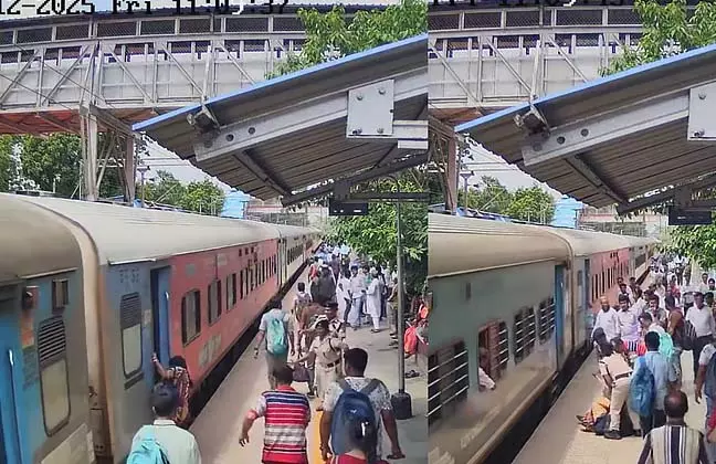 चलती ट्रेन में चढ़ते समय खतरे का सामना करने के बाद महिला बच निकली चलती ट्रेन में चढ़ते समय खतरे का सामना करने के बाद महिला बच निकली