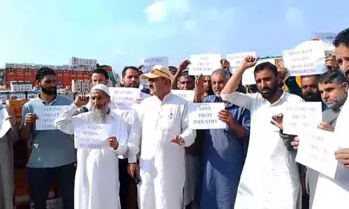सोपोर के फल उत्पादकों ने प्रदर्शन किया, एलजी से सेब ट्रकों के लिए राजमार्ग खाली करने की मांग