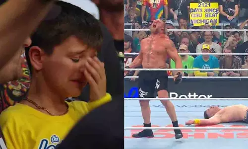 WWE रेसलपलूजा 2025: ब्रॉक लैसनर ने जॉन सीना को F5 मारकर बच्चे को रुलाया WWE रेसलपलूजा 2025: ब्रॉक लैसनर ने जॉन सीना को F5 मारकर बच्चे को रुलाया