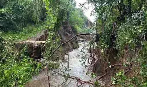भारी बारिश के बाद Mancherial में प्राचीन मेदा चेरुवु टूट गया