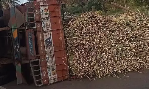 Santhemarhalli : गन्ने से भरा ट्रक सड़क पर पलटा