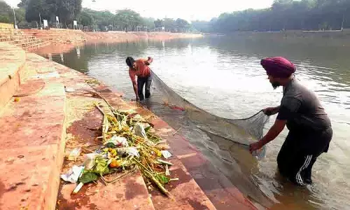छठ पूजा के समापन पर Chandigarh के सेक्टर 42 की झील से बदबू आने लगी छठ पूजा के समापन पर Chandigarh के सेक्टर 42 की झील से बदबू आने लगी
