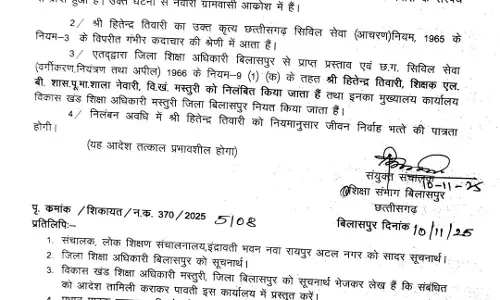शिक्षक का निलंबन आदेश जारी, स्कूल पहुंचा था शराब पीकर