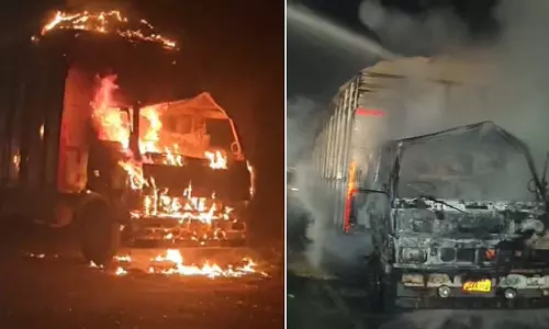 NH-45 पर गैस सिलेंडर फटने से ट्रक जलकर खाक; चालक बाल-बाल बचा