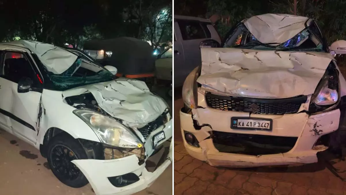Kharghar accident : क्रेटा से टकराने के बाद स्विफ्ट पुल की रेलिंग तोड़कर नाले में गिरी Kharghar accident : क्रेटा से टकराने के बाद स्विफ्ट पुल की रेलिंग तोड़कर नाले में गिरी