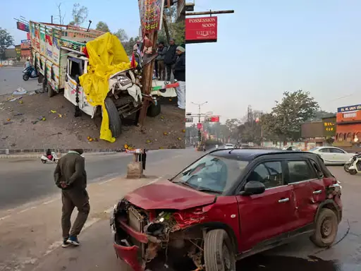 दुर्ग एक्सीडेंट, पिकअप और कार के उड़े परखच्चे दुर्ग एक्सीडेंट, पिकअप और कार के उड़े परखच्चे