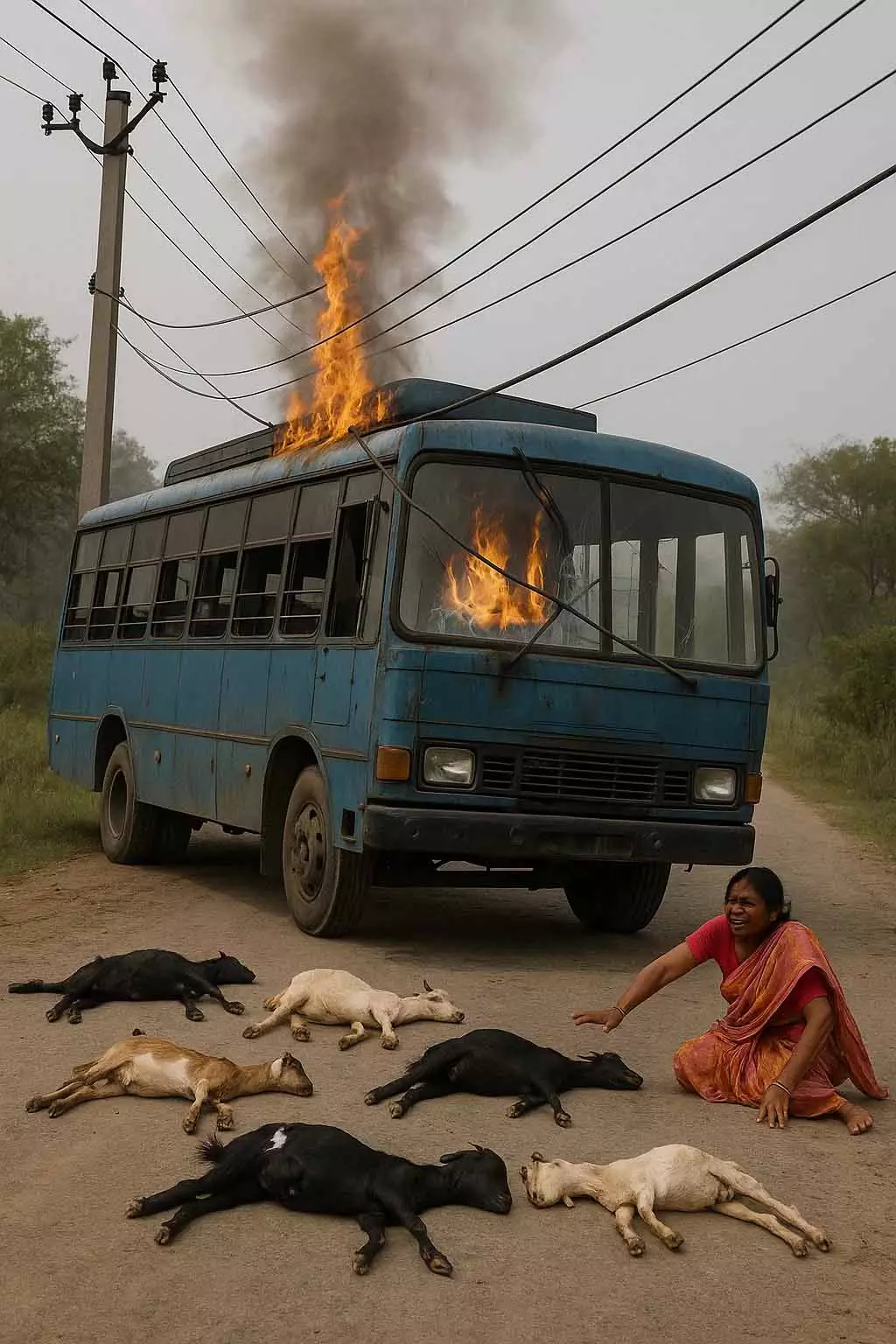 हाईटेंशन तार की चपेट में आई बस, 6 से अधिक बकरियों की मौत, देखे Video हाईटेंशन तार की चपेट में आई बस, 6 से अधिक बकरियों की मौत, देखे Video
